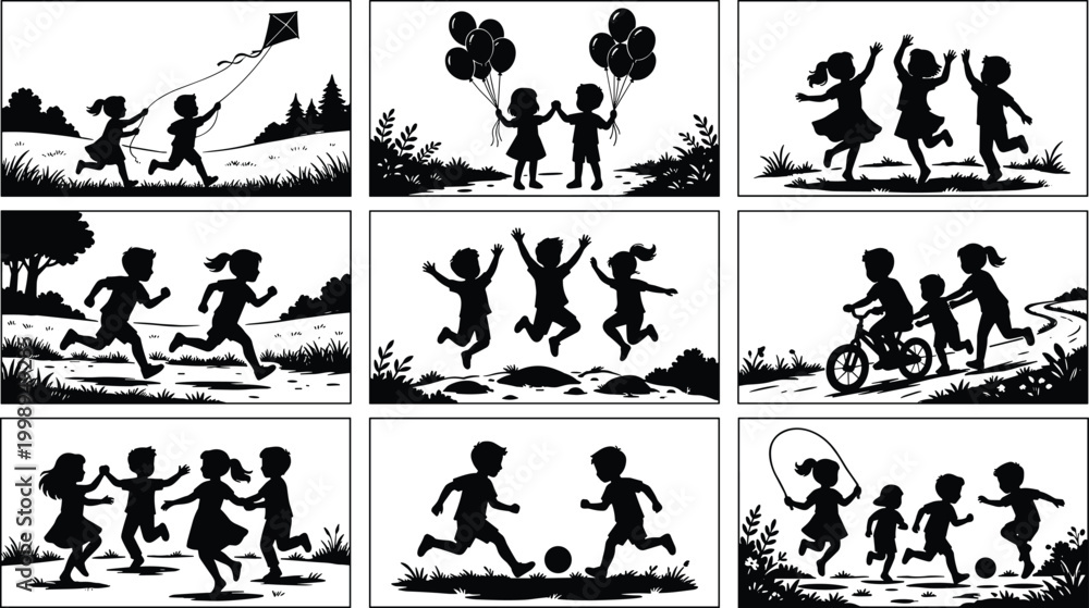 Obraz premium Children outdoor play silhouettes, kite flying, balloons, dancing, running, cycling, soccer, skipping rope illustration
