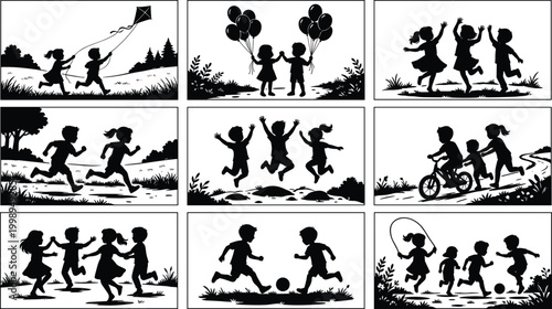 Children outdoor play silhouettes, kite flying, balloons, dancing, running, cycling, soccer, skipping rope illustration