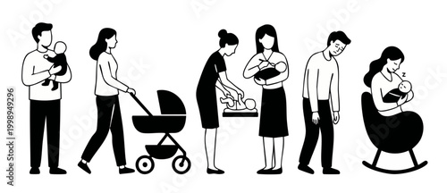 Parents with baby icons set, daily childcare routine activities in flat black and white illustration, holding feeding changing diapers, pushing stroller and rocking sleeping infant, parenting concept