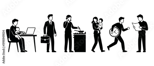 People balancing work and life, daily routine icons, multitasking parents and business professionals, managing family responsibilities, busy lifestyle concept, flat vector illustration set isolated on