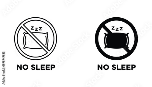 No sleep or rest prohibition sign icon set with pillow and zzz symbols for restricted areas or warning labels