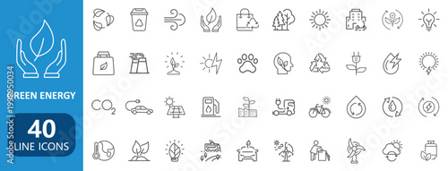 Green Energy Line Icons Set Renewable Ecology Sustainability Power Environment Vector Collection