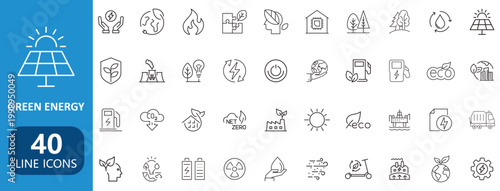 Green Energy Line Icons Set Renewable Ecology Sustainability Power Environment Vector Collection