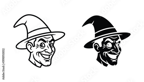 Witch head icon in outline and solid black style for halloween graphic design projects