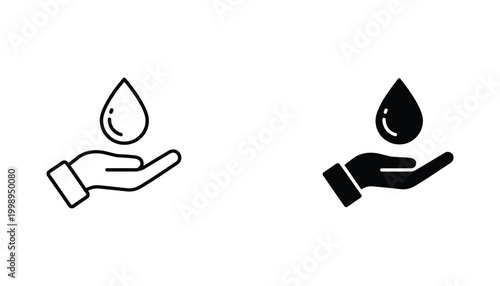 Water drop on palm hand icon set for ecology and environment conservation symbols in vector