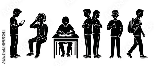 Students lifestyle characters set isolated, group of teenagers daily activities, studying, walking, listening to music, black and white flat vector illustration collection for school and education con