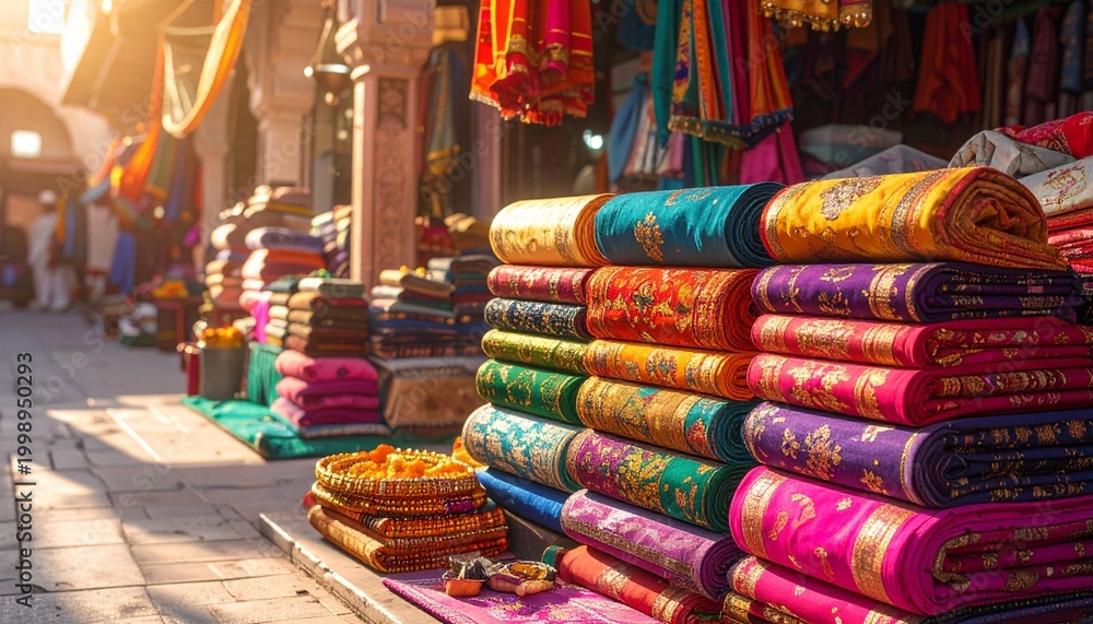 Obraz premium Vibrant textiles displayed in a sun-drenched marketplace, showcasing intricate patterns and rich colors in a bustling traditional setting