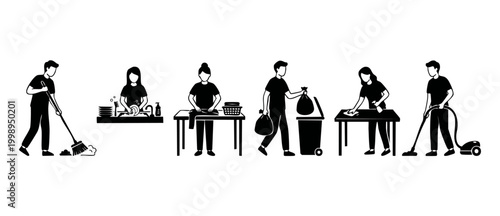 People Cleaning House Icon Set, Chores and Housework Tasks for Home Maintenance. Vector illustrations of washing dishes, sweeping floor, vacuuming carpet, folding laundry, and throwing out trash bags.