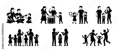Family Music Activities Icon Set, Playing Instruments and Singing Together, Creative Childhood Hobbies and Parents Bonding with Children, Performance and Fun Silhouette Collection for Design Projects