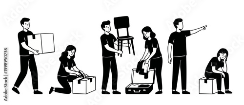 People Moving House Set: Packing Boxes, Carrying Furniture and Unpacking Suitcase. Relocation Concept Illustration in Simple Line Art Style for Home Transition, Lifestyle Changes and Moving Day Activi