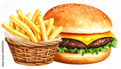 Watercolor painting of a classic hamburger and french fries in a woven basket