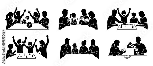 Family Playing Board Games Silhouettes Set, People Having Fun Together with Card Games and Dice Activities, Group of Parents and Children Bonding at Home, Educational Leisure Time Vector Collection