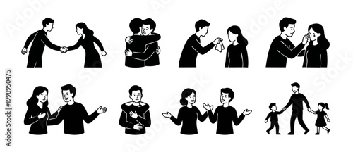 People interacting icons set, human relationships and emotional support gestures, flat black and white minimal vector characters illustrating handshake, hugging, crying, comforting, talking and family