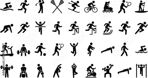 Sports and fitness activities pictograms collection, icons set representing athletics, gym exercises, outdoor recreation, healthy lifestyle, olympic competition, and workout training.