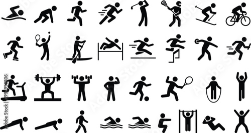 Sports and fitness icons, swimming, running, golf, lacrosse, skiing, cycling, rollerblading, tennis, paddleboarding, hurdles, weightlifting illustration