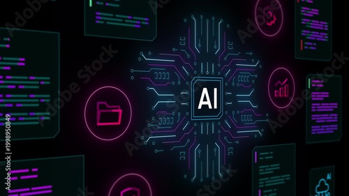 Artificial intelligence hub organizing digital folders and information files in a futuristic virtual environment.