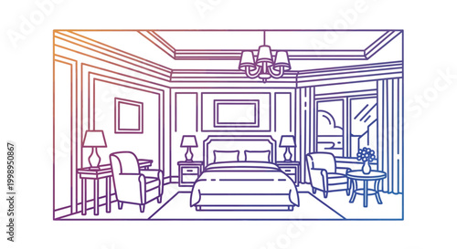 Luxury hotel bedroom interior, elegant design, comfortable bed, seating area, natural light