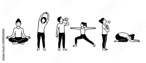 Yoga exercises and healthy habits outline icons set for wellness and fitness concepts featuring people practicing meditation, stretching, drinking water, warrior pose, breathing and relaxing child pos