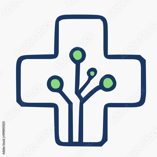Dark Blue Outline Medical Cross Logo with Circuit Connection Points