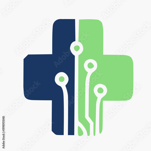 Two Tone Medical Cross Logo with Tech Circuitry for Integrated Health Solutions