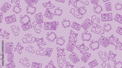 A seamless loop of hand-drawn vintage technology doodles including cassette tapes, old TVs, and retro phones on a soft purple background.
