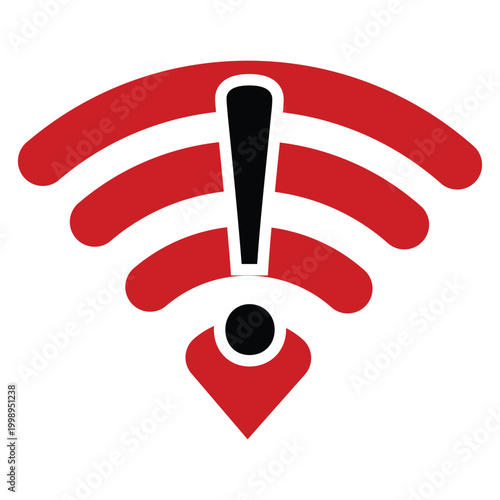 Red Wifi Signal Icon with Exclamation Mark Representing Wireless Connection Error Network Alert Internet Problem Danger Warning and Digital Communication Failure Status.