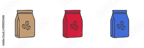 Coffee bean bag icons set, flat vector food packaging designs, colorful roast beans container illustrations for cafe branding, beverage supply, retail shopping and coffee shop menu graphic elements.