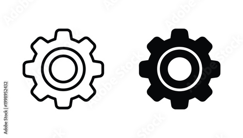 Gear or cogwheel icon set in outline and solid styles representing settings configuration and mechanical engineering concepts