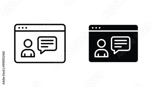 Browser window with user avatar and speech bubble icon set in outline and solid styles representing online communication and customer support chat interface