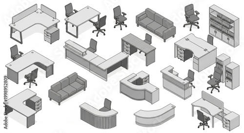 Collection of modern office furniture and reception desks.