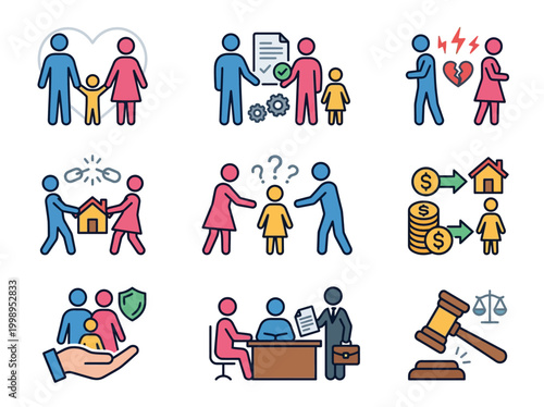 Family Law and Divorce Icon Set: Symbols for Child Custody, Mediation, Division of Assets, Alimony, Legal Consultation, and Marital Conflict Resolution Vector Illustration