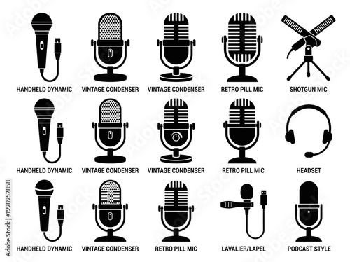 Set of 15 Microphone Icons: Professional Audio Equipment Silhouettes including Vintage Condenser, Podcast, Handheld Dynamic, Shotgun, Headset, and Lavalier Mic Designs.