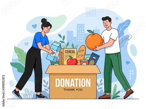 Volunteers Packing Food Donation Box for Charity and Community Support