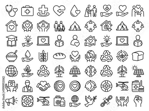 Humanitarian Aid and Charity Line Icon Set - Sustainability, Volunteering, Healthcare, and Social Justice Vector Icons