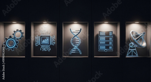 Five futuristic technology icons displayed in illuminated glass cases.