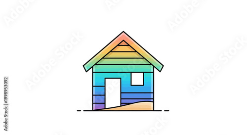 Rainbow beach house illustration, colorful wooden cabin on sand, summer vacation concept