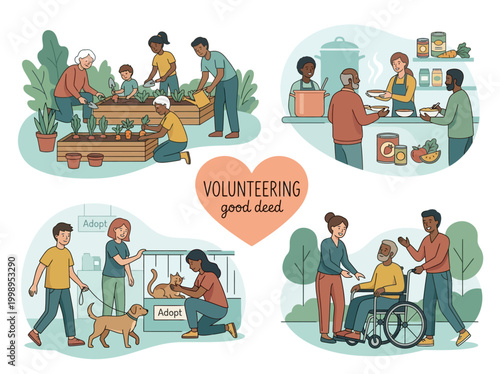Diverse Volunteers and Community Service Set with Gardening, Food Bank, Animal Shelter and Senior Care Illustrations