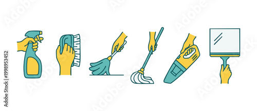 Cleaning service icons set with hands holding cleaning tools, spray bottle, mop, broom, vacuum and squeegee for household chores, hygiene maintenance, housekeeping and domestic sanitizing equipment de