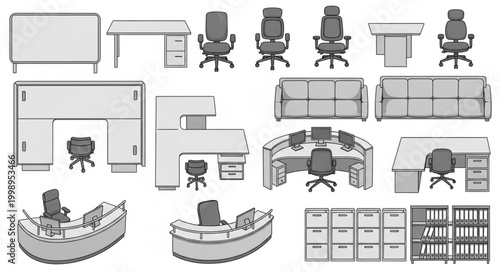Collection of Office Furniture and Equipment Illustrations.
