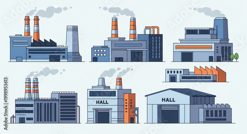 Collection of industrial factory buildings with smokestacks emitting smoke.