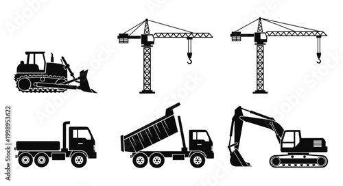 Collection of construction equipment silhouettes including cranes trucks and excavators.