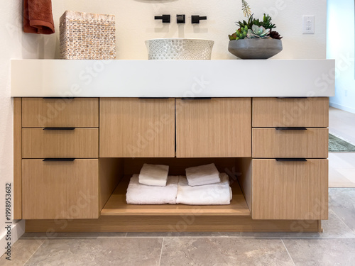 Modern bathroom vanity with storage shelves