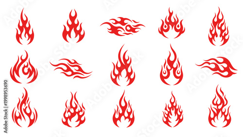 Collection of red flame icons with various shapes and styles