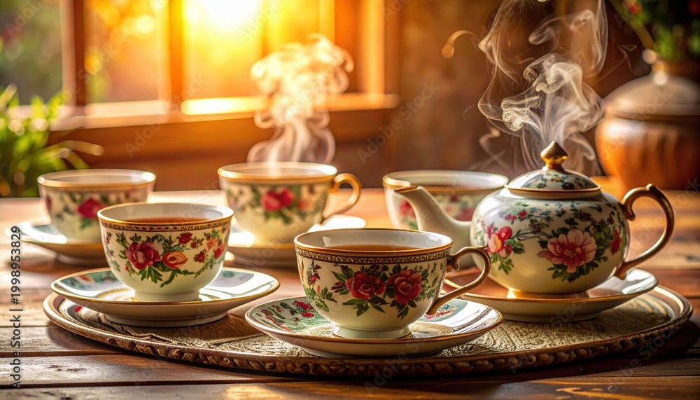 Fototapeta premium Steaming Ceramic Floral Tea Cups and Teapot Set on a Tray with Sunlight