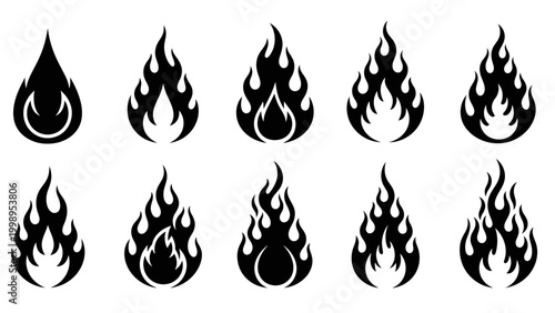 Set of black flame icons varying in style and size