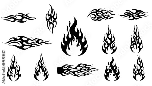 Collection of black flame and fire graphic tattoos