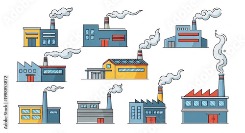 Collection of Industrial Factory Buildings Emitting Smoke.