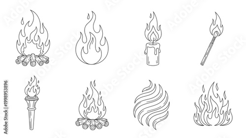 Collection of fire symbols including campfire torch candle and matchstick