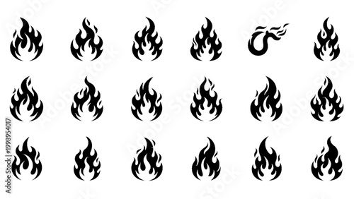 Set of black flame icons with different shapes and sizes