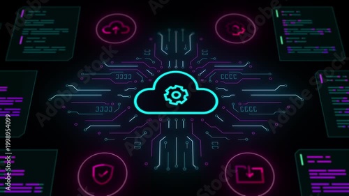 Secure cloud symbol with gear managing digital data recovery and redundant storage information panels.